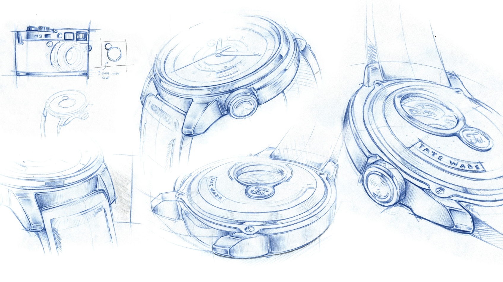Detailed blueprints of a wristwatch on a white background