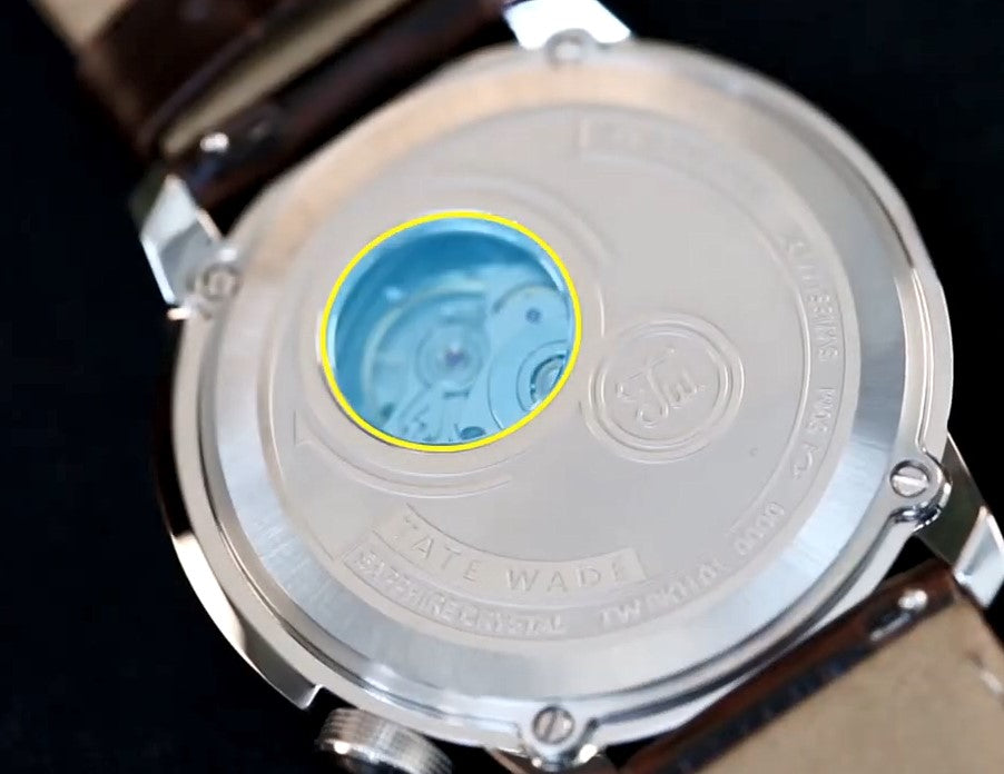 Tate Wade watch back - window to automatic movement